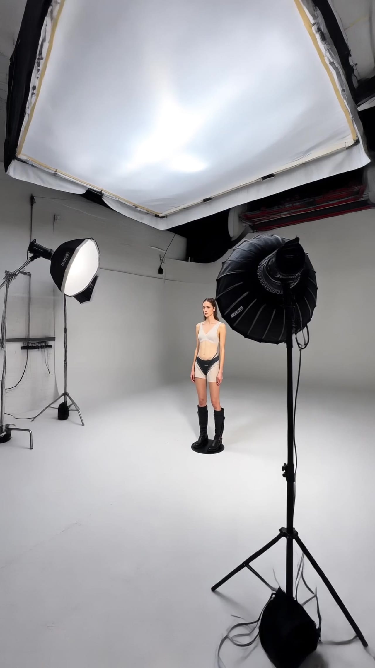A live fashion shoot in Studio A: a model standing on the white infinity cove between two large softboxes under an overhead silk