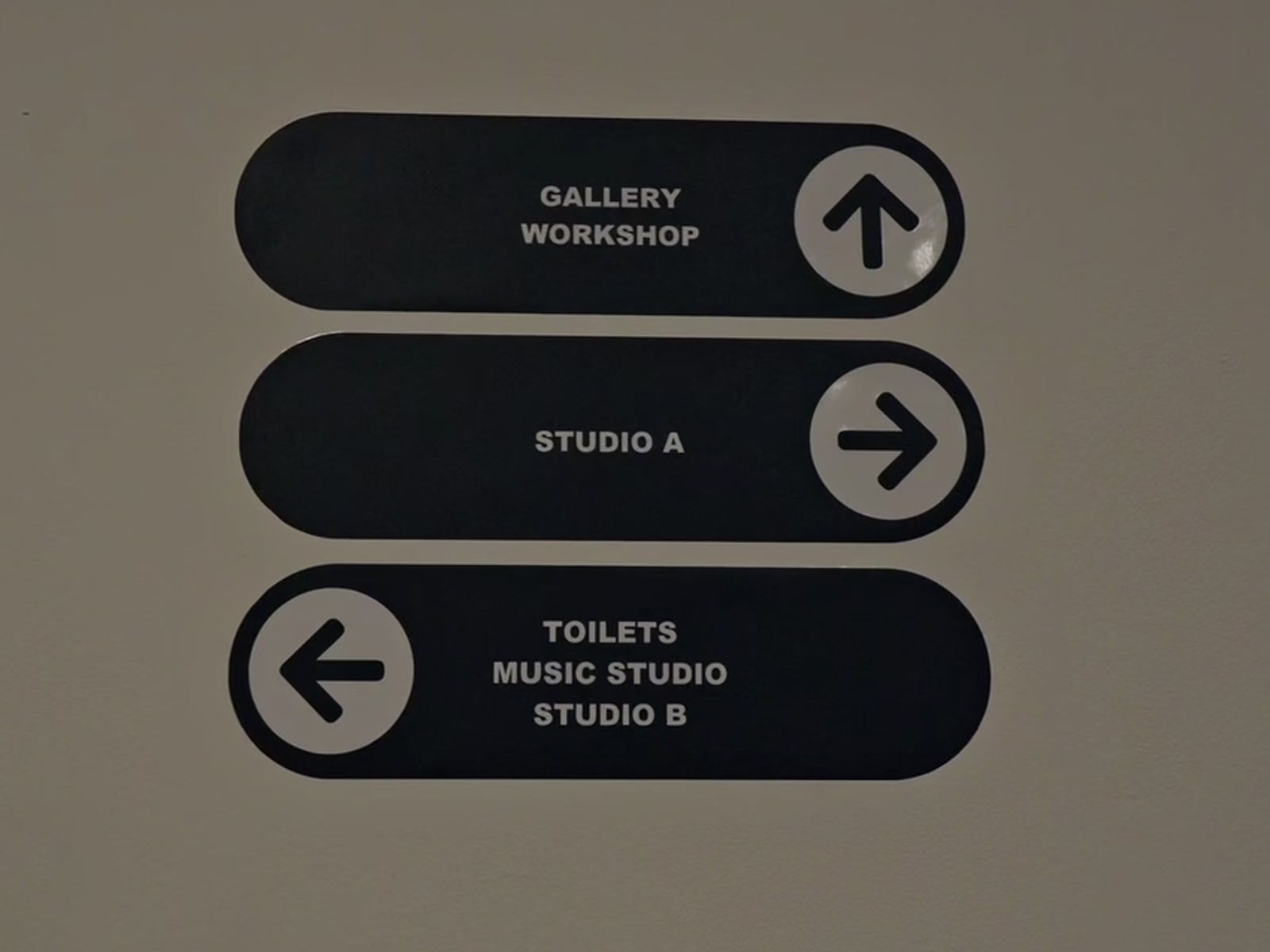 The wayfinding sign inside Scope Media Studios: Gallery and Workshop straight ahead, Studio A to the right, toilets, music studio and Studio B to the left.